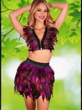 Miuco Pink & Black Feather Trim Top Mini Skirt